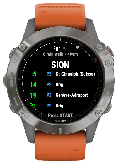 Garmin station departures showing trains from Sion