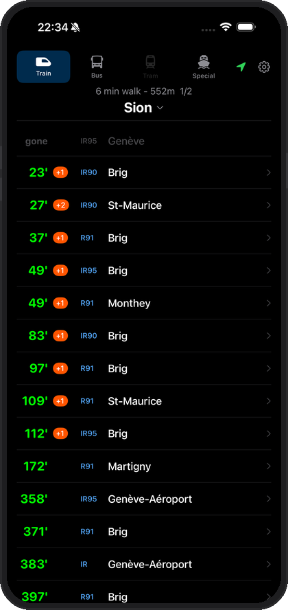 iPhone departure list showing trains from Sion
